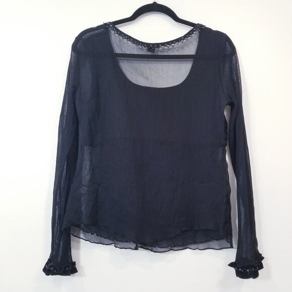 Lapis Sheer Silk Blend Velvet Rhinestones Embellished Ruffle Blouse - Picture 3 of 12